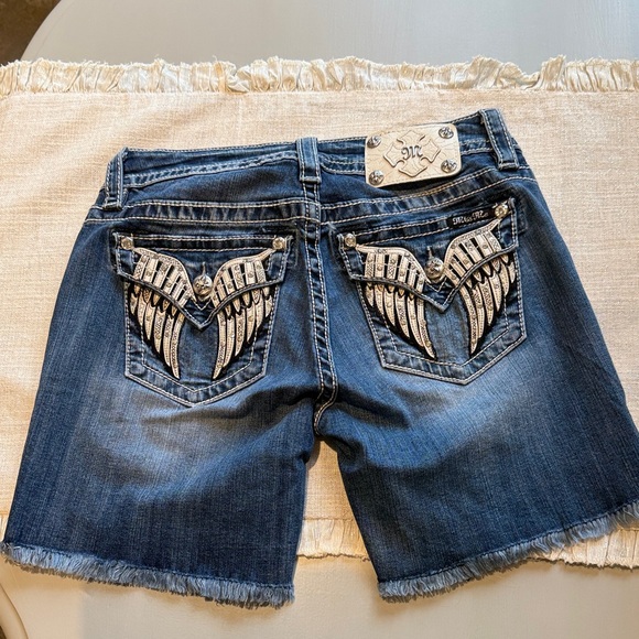 Miss Me Pants - Miss Me Blue Denim Shorts with Wing Embellishments 28